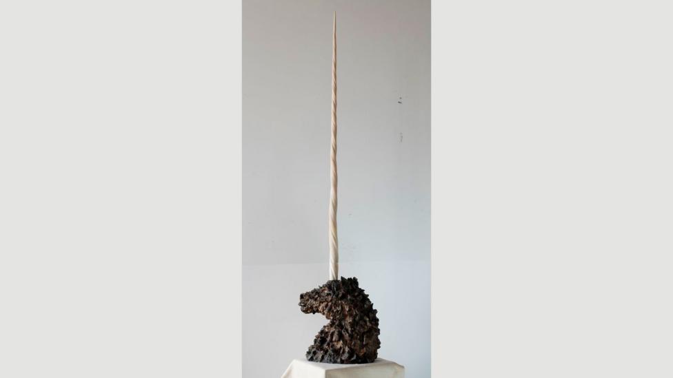 Saint Clair Cemin’s sculpture holds the helical tusk of a narwhal (Credit: Courtesy of the artist and Kasmin Gallery) Saint Clair Cemin’s sculpture holds the helical tusk of a narwhal (Credit: Courtesy of the artist and Kasmin Gallery)