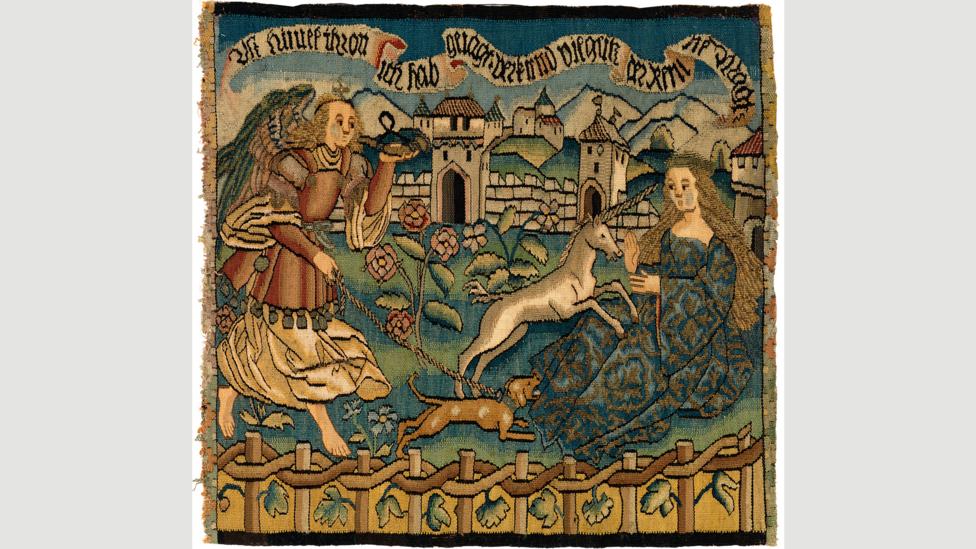 This tapestry, from the Burrell Collection in Glasgow, shows a small white unicorn leaping onto the lap of the Virgin Mary (Credit: CSG CIC Glasgow Museums Collection) This tapestry, from the Burrell Collection in Glasgow, shows a small white unicorn leaping onto the lap of the Virgin Mary (Credit: CSG CIC Glasgow Museums Collection)