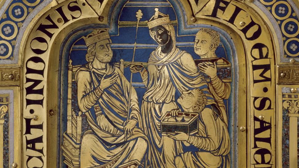 The 12th-Century altarpiece by Nicolas de Verdun depicts a black Queen of Sheba bringing gifts to King Solomon (Credit: Getty Images) The 12th-Century altarpiece by Nicolas de Verdun depicts a black Queen of Sheba bringing gifts to King Solomon (Credit: Getty Images)