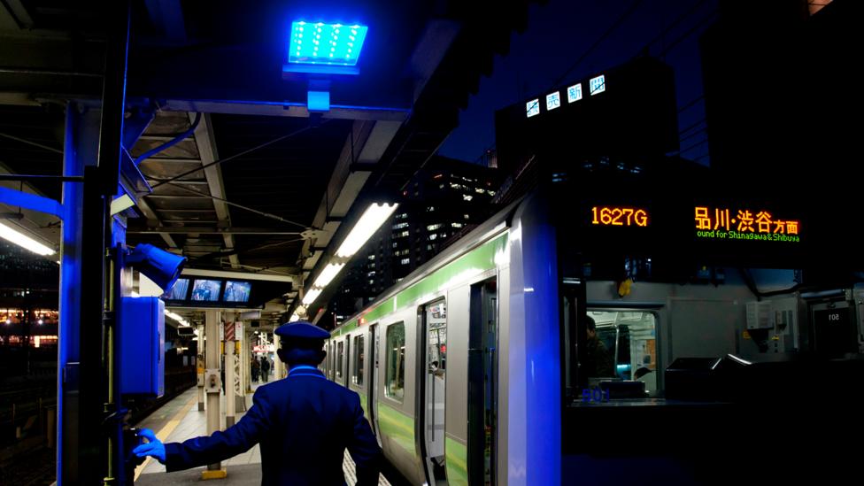 Картинки по запросу japan Anti-suicide lights  blue train station