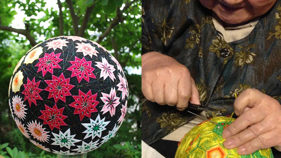 a split image of a large temari ball and an elderly Japanese lady working on a temari a split image of a large temari ball and an elderly Japanese lady working on a temari