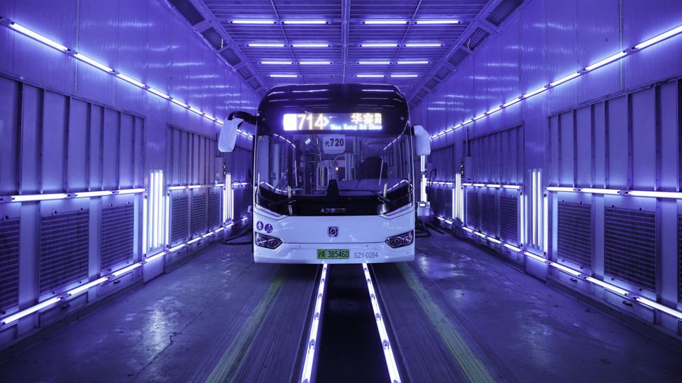 A bus is disinfected using UVC in Shanghai, China (Credit: Getty Images)
